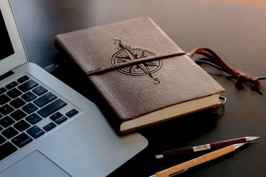 a brown leather journal